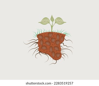 A plant with sectioned earth roots emerging out illustration - Shutterstock ID 2283519257