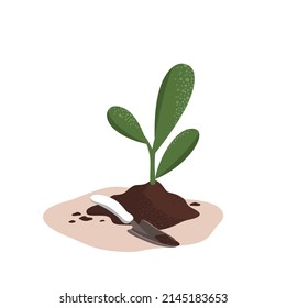 Plant seedling in a pile of soil and a garden shovel. Spring gardening work, planting plants in the soil, picking. Flat vector illustration on white background.