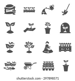 Plant seedling watering and digging equipment black flat icons set isolated vector illustration