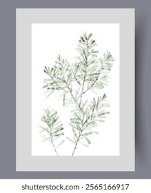 Plant seedlings for planting dense forest and improving environmental situation on print. Watercolor poster. Artwork with several tree seedlings with twigs and petals, in frame with decor for wall art