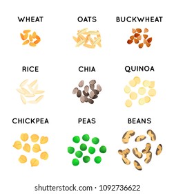 Plant seeds isolated icons. Cereals illustration. Wheat, oat and rice, buckwheat and pea, and chickpea. Chia seeds.