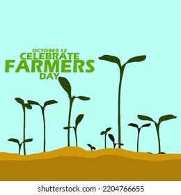 Plant seeds that just sprouted above the ground with bold text on light blue background to celebrate Farmers Day on October 12