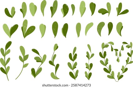 plant set, green petals, petal elements, leaves