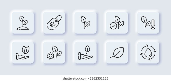 Plant set icon. Sprout, growth, green peace, phytology, photosynthesis, ecology, botany, earth, leaf in the hand. Green energy concept. Neomorphism style. Vector line icon for Advertising