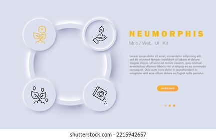 Plant set icon. Tree leaf, planet in hand, solar battery. Green energy, ecology. Save the planet concept. Neomorphism style. Vector line icon for Business and Advertising