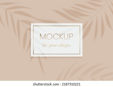 Plant shadow overlay vector mockup horizontal business card. Realistic shadows overlays tropic leaf on beige background. Template card, blank, social media post, flyer, logo in minimal trendy style.