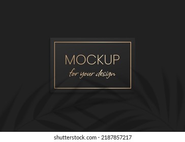 Plant shadow overlay vector mockup horizontal business card. Realistic shadows overlays tropic leaf on black background. Template card, blank, social media post, flyer, logo in luxury trendy style.