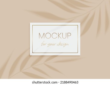 Plant shadow overlay vector mockup horizontal business card. Realistic shadows overlays tropic leaf on beige background. Template card, blank, social media post, flyer, logo in minimal trendy style.