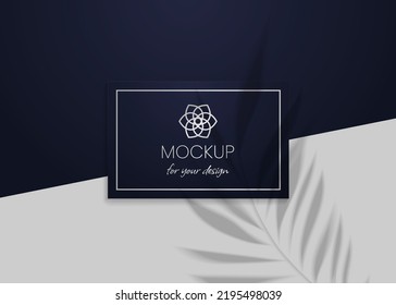 Plant Shadow Overlay Vector Mockup Horizontal Business Card Two Sides. Realistic Shadows Overlays Tropic Leaf On Blue Background. Template Card, Social Media, Flyer, Logo In Luxury Trendy Silver