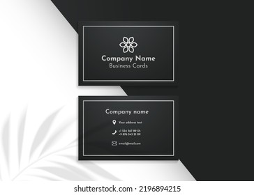 Plant Shadow Overlay Vector Mockup Horizontal Business Card Two Sides. Realistic Shadows Overlays Tropic Leaf On Black Background. Template Card, Social Media, Flyer, Logo In Luxury Trendy Silver