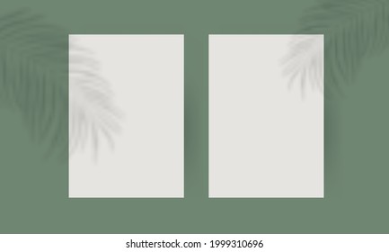 Plant shadow poster mockup. A4 paper vertical blank page leaf overlay effect isolated green background. Vector illustration