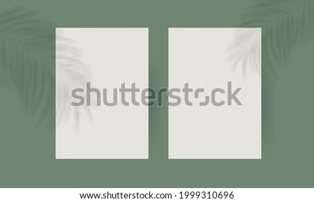 Plant shadow poster mockup. A4 paper vertical blank page leaf overlay effect isolated green background. Vector illustration