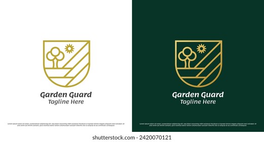 Plant shield logo design illustration. Park symbol green garden yard protected forest zoo nature reserve eco bio environment rural raw protection badge emblem stamp. Simple minimal fresh natural icon.