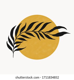plant shilouette and circle icon composition isolated story highlight , abstract art composition , tropical nature, trendy fashion illustration . simple vintage art with texture and grit
