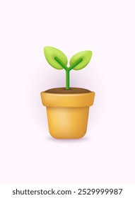 Plant shoot, potted houseplant. 3D Web Vector Illustrations.
