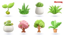 Plant Shoot, Potted Houseplant, Tree, Grass, 3d Vector Cartoon Icon Set