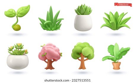 Plant shoot, potted houseplant, tree, grass, 3d vector cartoon icon set - Shutterstock ID 2327513551
