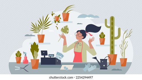 Tienda de plantas como negocio de mercado local para vender macetas de flores concepto de persona pequeña. Crecimiento de decoraciones florales o ilustración vectorial de ocupación florista botánica. Cultivo de cactus de plantas domésticas en venta