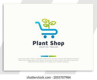 Plant shop or store logo with leaves and trolley concept