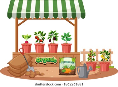 Plant shop with striped awning on white background illustration