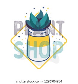 Plant shop template banner. Nature elements for home interior. Vector card template with lettering in flat style.