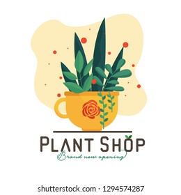 Plant shop template banner, plat design. Plants in pot isolated for greenhouse or garden planting market vector illustration. 