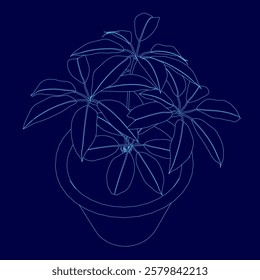 Plant is shown in a blue background. The plant is in a pot and is surrounded by a blue border. The image has a calm and peaceful mood, as the plant is the main focus