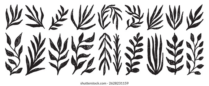 Plant silhouette leaves textured set. Leaves crayon hand drawn foliage simple collection. Trendy nature freehand rough grunge organic shapes. Vector illustration