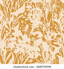 Plant silhouettes. Blooming garden flowers, herbs, leafs and field plants in flat vintage style. Plain floral ornament. High summer decoration.