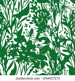 Plant silhouettes. Blooming garden flowers, herbs, leafs and field plants in flat vintage style. Plain floral ornament. High summer decoration.