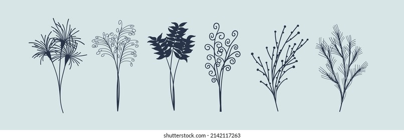Plant silhouettes. Bouquets of different branches, herbs and flowers. Set of vector design elements. Trendy minimalistic graphics