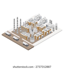 Plant with smokestacks and ventilation system isometric illustrated in vector
