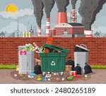 Plant smoking pipes. Smog in city. Trash emission from factory. Grey sky polluted trees grass. Garbage bin full of trash. Environmental pollution ecology nature. Vector illustration flat style