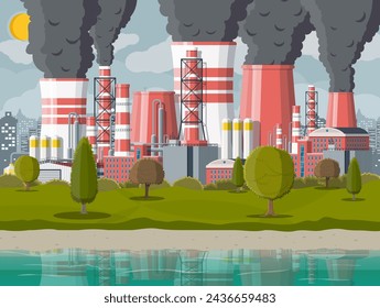 Plant smoking pipes. Smog in city. Trash emission from factory. Grey sky polluted trees grass. Cityscape skyline water reservoir urban. Environmental pollution ecology nature. Flat vector illustration