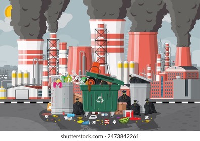 Plant smoking pipes. Smog in city. Trash emission from factory. Grey sky polluted trees grass. Garbage bin full of trash. Environmental pollution ecology nature. Vector illustration flat style