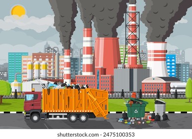 Plant smoking pipes. Smog in city. Trash emission from factory. Grey sky polluted trees grass. Garbage truck bin full of trash. Environmental pollution ecology nature. Vector illustration flat style