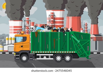 Plant smoking pipes. Smog in city. Trash emission from factory. Environmental disaster. Garbage truck full of trash. Environmental pollution ecology nature. Vector illustration flat style