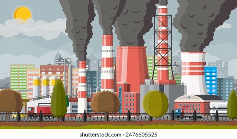 Planta pipas para fumar. Smog en la ciudad. Emisión de basura de la fábrica. Cielo gris contaminó árboles y hierba. Paisaje urbano, urbano. Contaminación ambiental ecología naturaleza. estilo plano de Ilustración vectorial