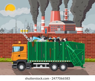 Plant smoking pipes. Smog in city. Trash emission from factory. Grey sky polluted trees grass. Garbage truck full of trash. Environmental pollution ecology nature. Vector illustration flat style