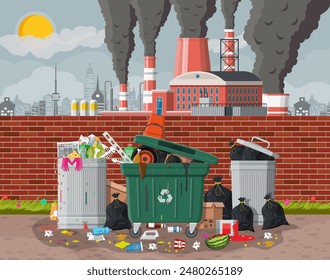 Plant smoking pipes. Smog in city. Trash emission from factory. Grey sky polluted trees grass. Garbage bin full of trash. Environmental pollution ecology nature. Vector illustration flat style