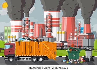 Plant smoking pipes. Smog in city. Trash emission from factory. Grey sky polluted trees grass. Garbage truck bin full of trash. Environmental pollution ecology nature. Vector illustration flat style