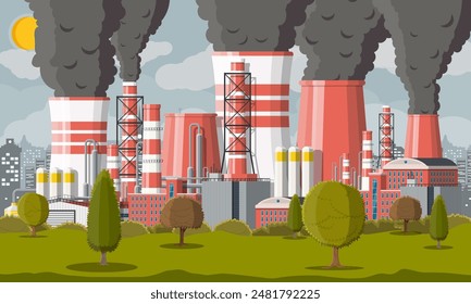 Planta pipas para fumar. Smog en la ciudad. Emisión de basura de la fábrica. Cielo gris contaminó árboles y hierba. Paisaje urbano, urbano. Contaminación ambiental ecología naturaleza. estilo plano de Ilustración vectorial