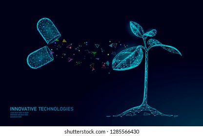 Plant Sprout Biotechnology Abstract Concept. 3D Render Seedling Tree Leaves DNA Genome Engineering Vitamin Supplement. Medical Science Life Eco Polygon Triangles Low Poly Vector Illustration