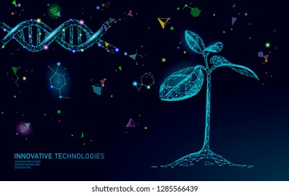 Plant Sprout Biotechnology Abstract Concept. 3D Render Seedling Tree Leaves DNA Genome Engineering Vitamin Supplement. Medical Science Life Eco Polygon Triangles Low Poly Vector Illustration