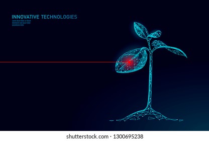 Plant sprout biotechnology abstract concept. 3D render seedling tree leaves DNA genome engineering vitamin supplement. Medical science life eco polygon triangles low poly vector illustration