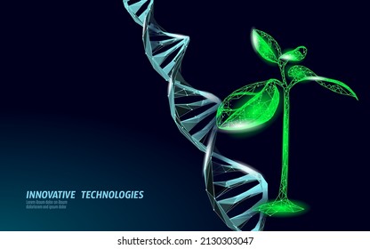 Concepto abstracto de la biotecnología vegetal brote. El árbol de semilla 3D produce hojas de ADN genoma ingeniería suplemento vitamínico. Vida de la ciencia médica eco polígono triángulos de baja polilla ilustración vectorial