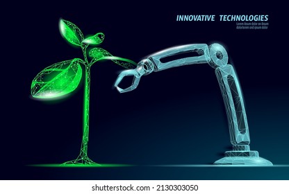 Concepto abstracto de la biotecnología vegetal brote. El árbol de semilla 3D produce hojas de ADN genoma ingeniería suplemento vitamínico. Vida de la ciencia médica eco polígono triángulos de baja polilla ilustración vectorial