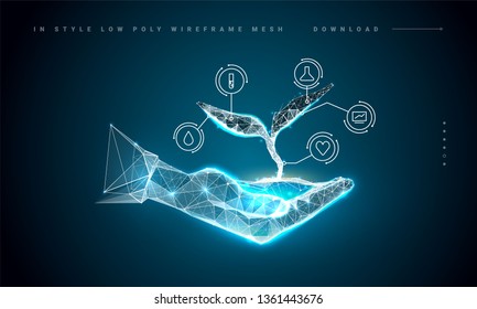 Plant sprout biotechnology. Seedling tree leaves DNA genome engineering vitamin supplement. Abstract illustration isolated on dark background. Medical science life eco. Low poly wireframe. Infographic