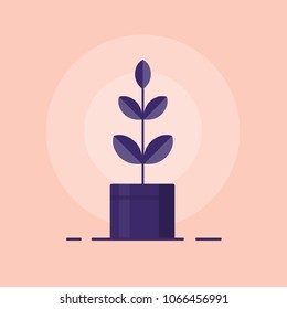 A plant sprout in a ceramic pot. Gardening. Farming. Vector Flat Illustration