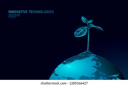 Plant sprout ecological abstract concept. 3D render seedling tree leaves. Save planet Earth nature environment grow life eco polygon triangles low poly vector illustration